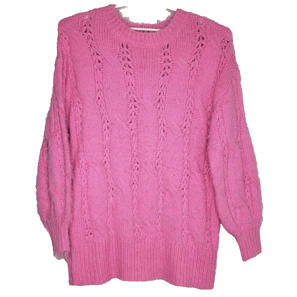 Bluivy Fuzzy Cable Knit Tunic‎ Sweater Womens Size S/M Bright Pink Long Sleeve